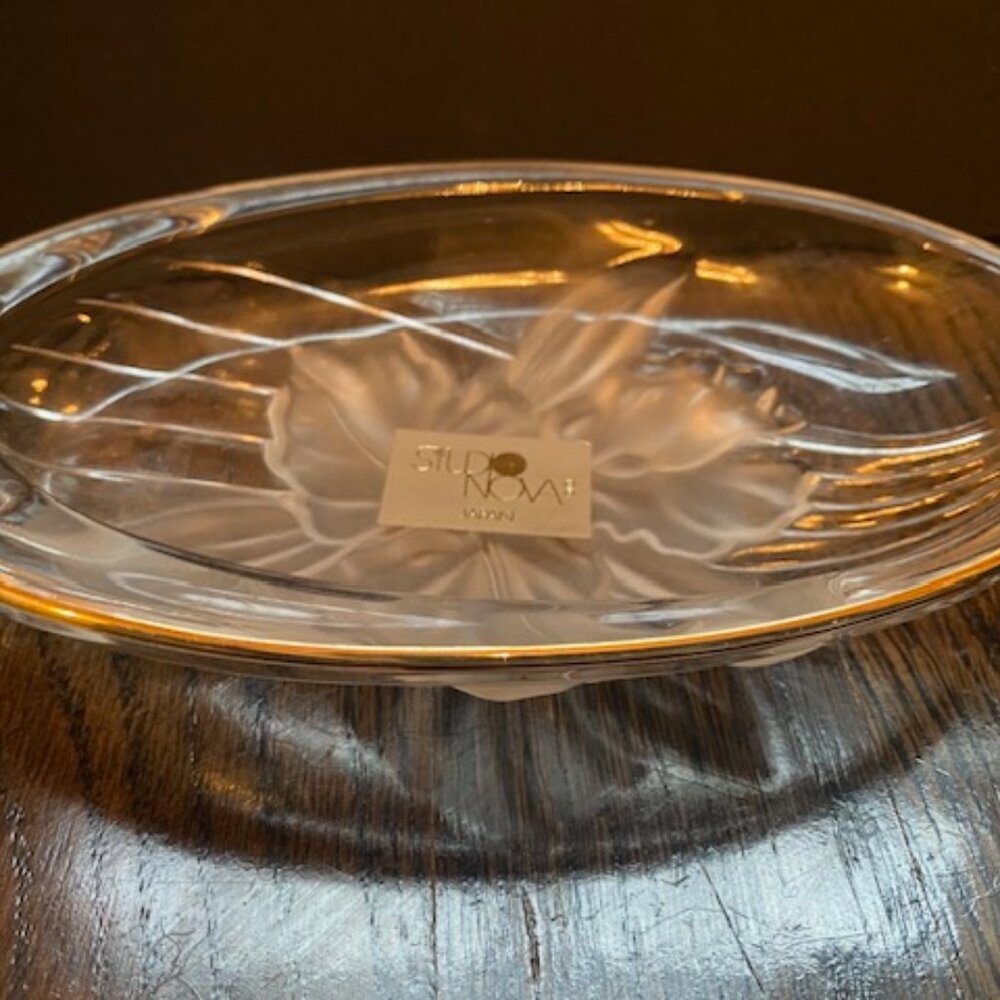 Mikasa Studio Nova Oval Crystal Dish Frosted withGold Trim Iris Candy Jewelry 7"